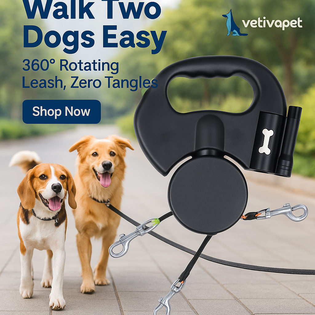 Double Retractable Pet Leash with Flashlight & Built-In Bag Holder